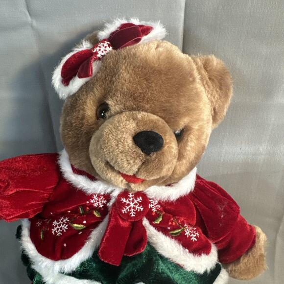 Dan Dee Christmas Plush 14” Red & Green Snowflake Dress brown Teddy Bear - Picture 2 of 5